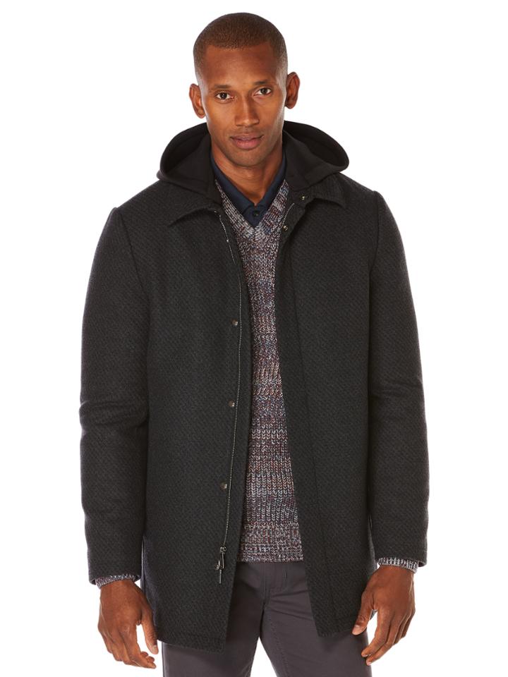 Perry Ellis Long Sleeve Hooded Wool Coat