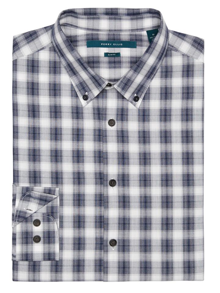 Perry Ellis Slim Fit Chambray Plaid Shirt