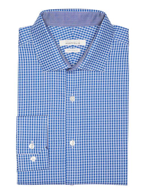 Perry Ellis Very Slim Fit Blue Cross Check Dress Shirt