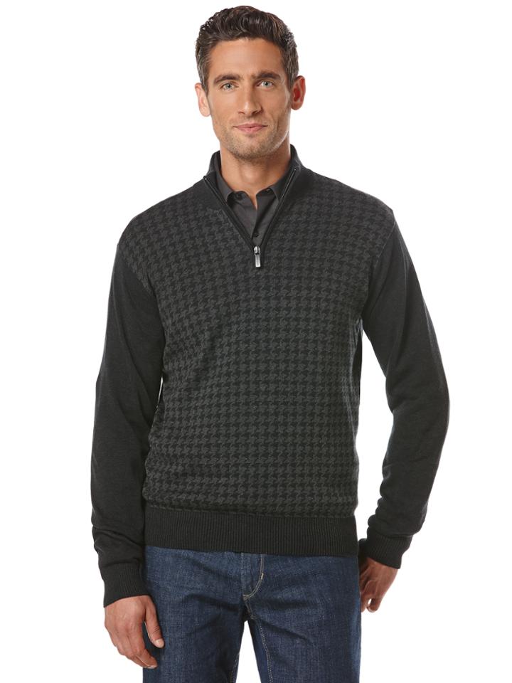 Perry Ellis Long Sleeve Houndstooth Zip Sweater