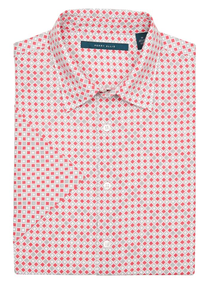 Perry Ellis Short Sleeve Linen Diamond Print Shirt