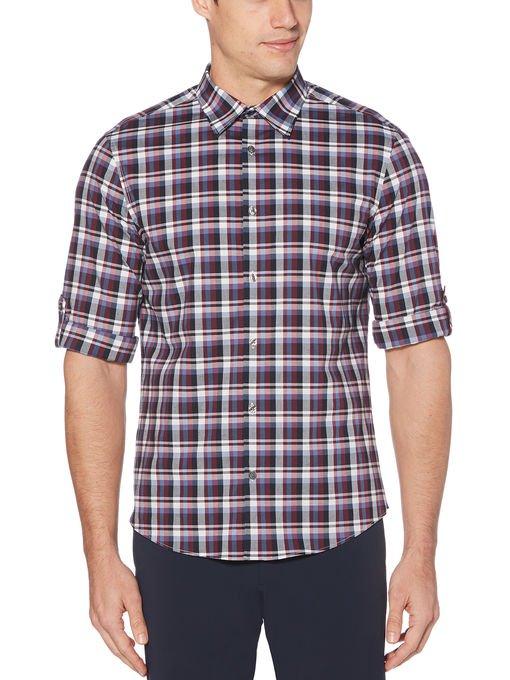 Perry Ellis Untucked Roll Sleeve Check Stretch Shirt