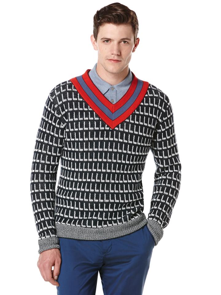 Perry Ellis Linen Contrast V-neck Sweater