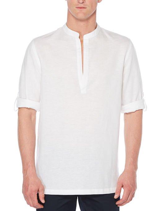 Perry Ellis Solid Roll Sleeve Popover Linen Shirt