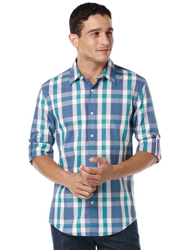 Perry Ellis Rolled Sleeve Bold Plaid Shirt