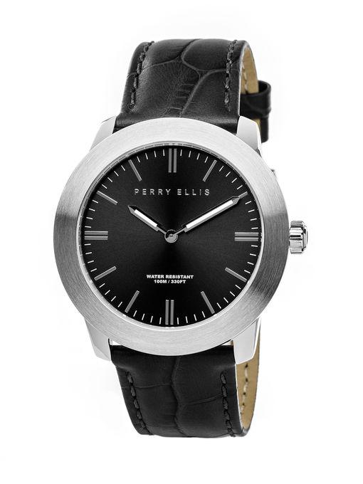 Perry Ellis Unisex Slim Line Black Leather Watch