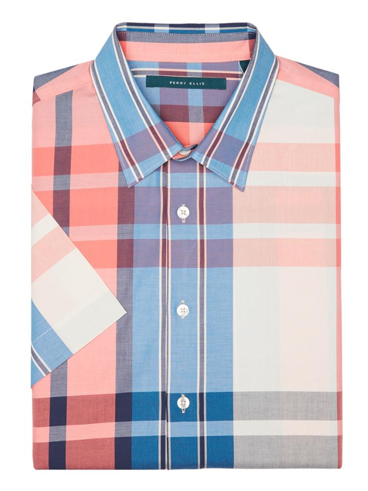 Perry Ellis Short Sleeve Exploded Plaid Button-down Shirt
