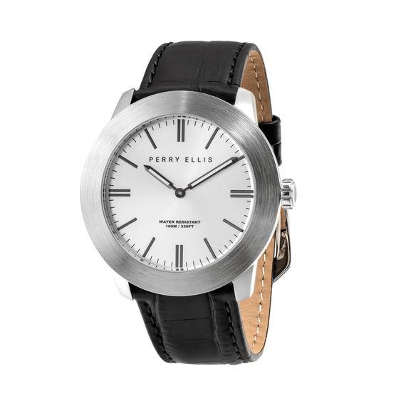 Perry Ellis Slim Line Silver Leather Watch