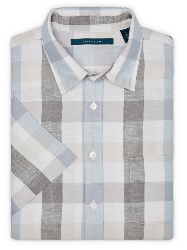 Perry Ellis Short Sleeve Plaid Linen Shirt