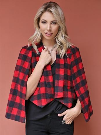 West Coast Wardrobe Rosie Plaid Cape Blazer In Red/black