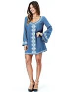 West Coast Wardrobe Aztec Garden Long Sleeve Embroidered Dress In Indigo