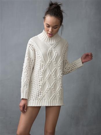 525 America Mock Neck Popcorn Cable Mesh Back