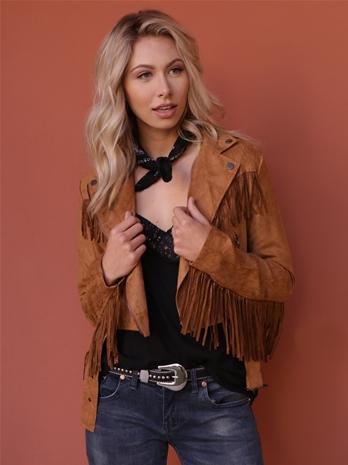 West Coast Wardrobe Runaway Moto Jacket With Fringe In Camel