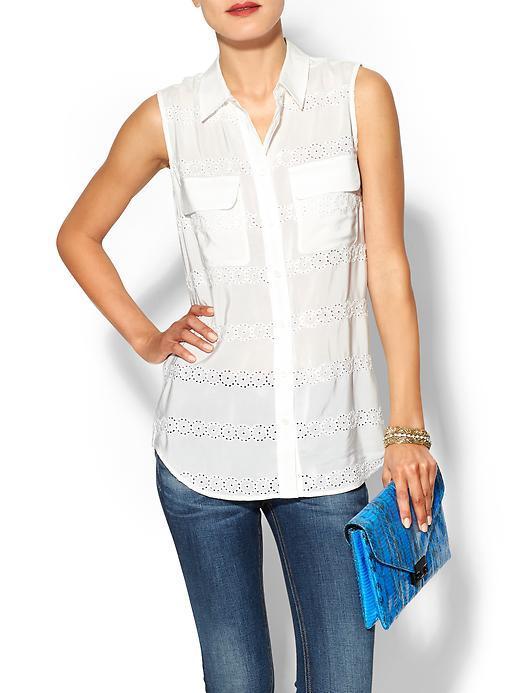 Equipment Sleeveless Slim Signature Silk Embroidered Blouse - Bright White (w/ Embroidery)