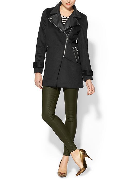 Rd Style Faux Leather Lapel Wool Coat - Black