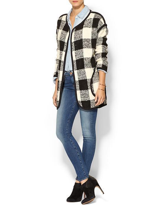 Joa Check Sweater Coat With Black Binding - Black/white Buffalo Check