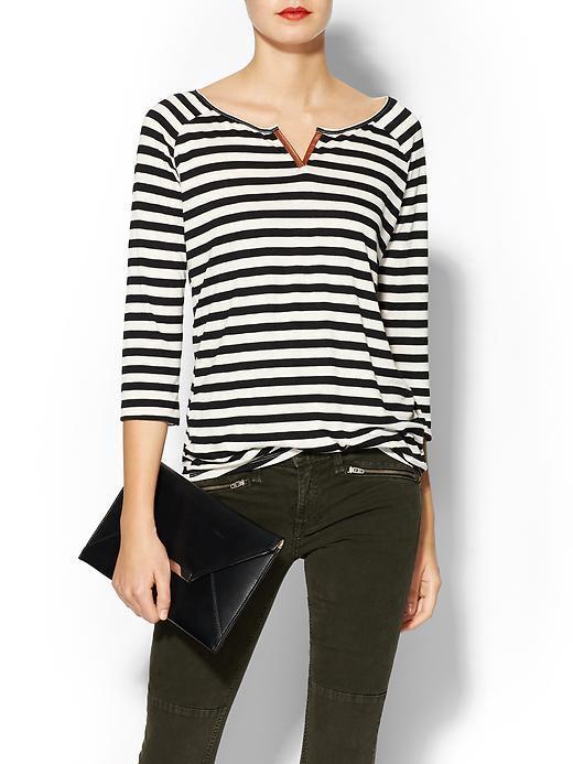 Hive & Honey Striped Notch Knit Top - Black/white