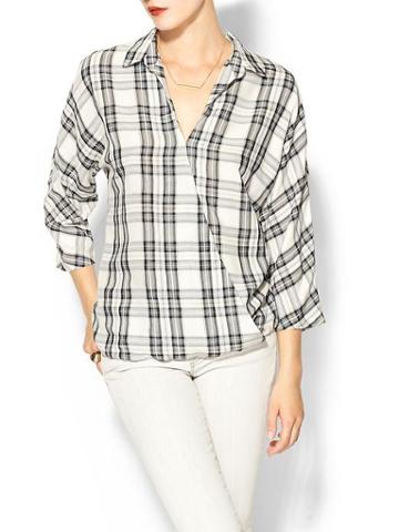 Rhyme Los Angeles Plaid Crossover Blouse - Gray/white