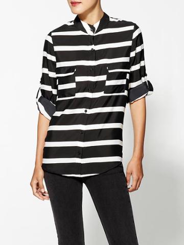 Collective Concepts Collarless Striped Buttondown Blouse