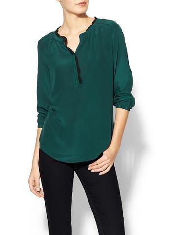 Daniel Rainn Silk Lace Trim Blouse - Forest Green