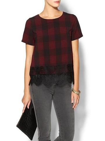 Joa Checked Crop Top With Lace Detail - Red Plaid
