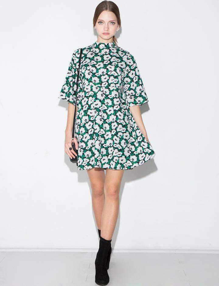 Pixie Market Green Floral Bell Sleeve Dress