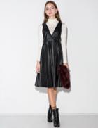 Pixie Market Black Pleated Leather Pinafore Dress