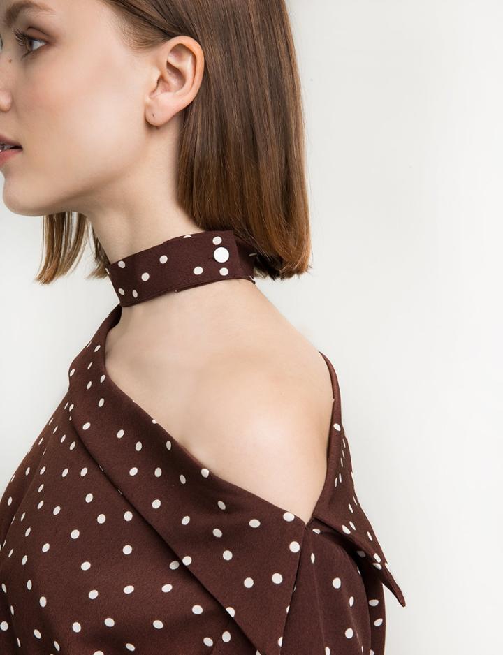 Pixie Market Brown Polka Dot Choker Blouse
