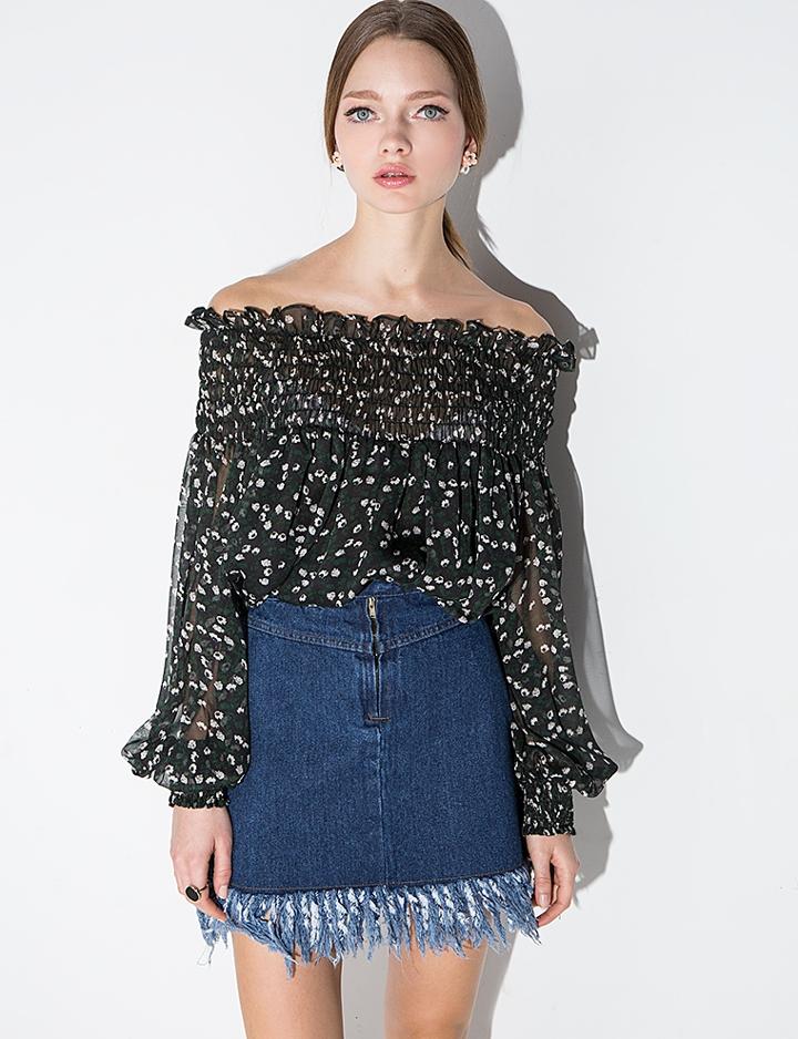 Pixie Market Green Floral Chiffon Off The Shoulder Top