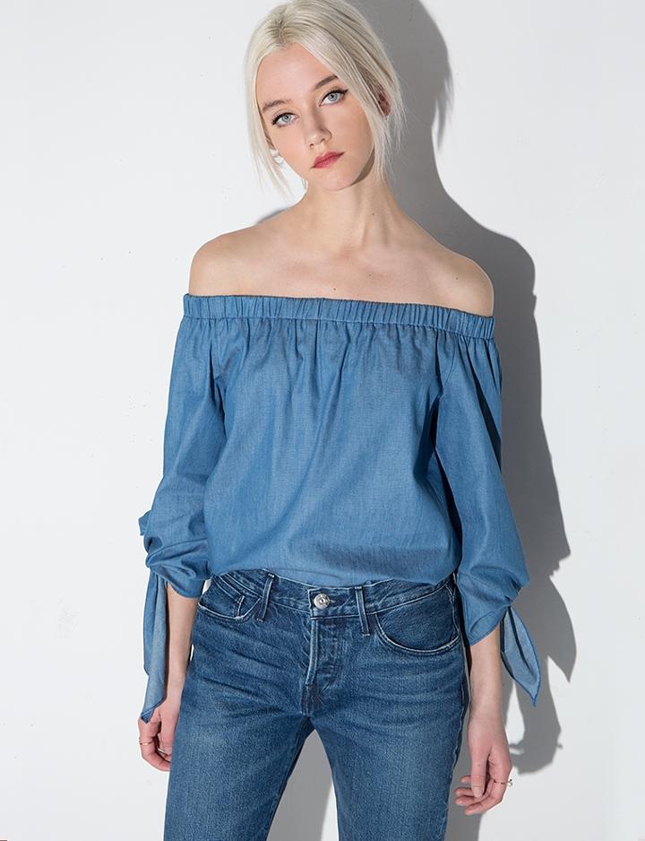 Pixie Market Chambray Sleeve Tie Off The Shoulder Top