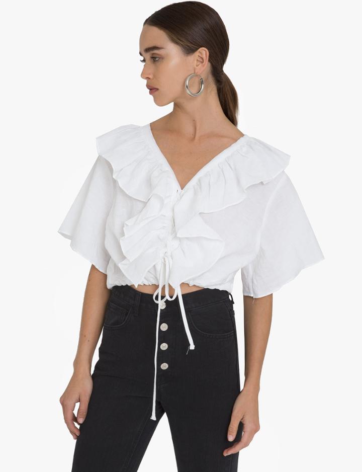 Pixie Market Linen Frill Lace Up Tie Top