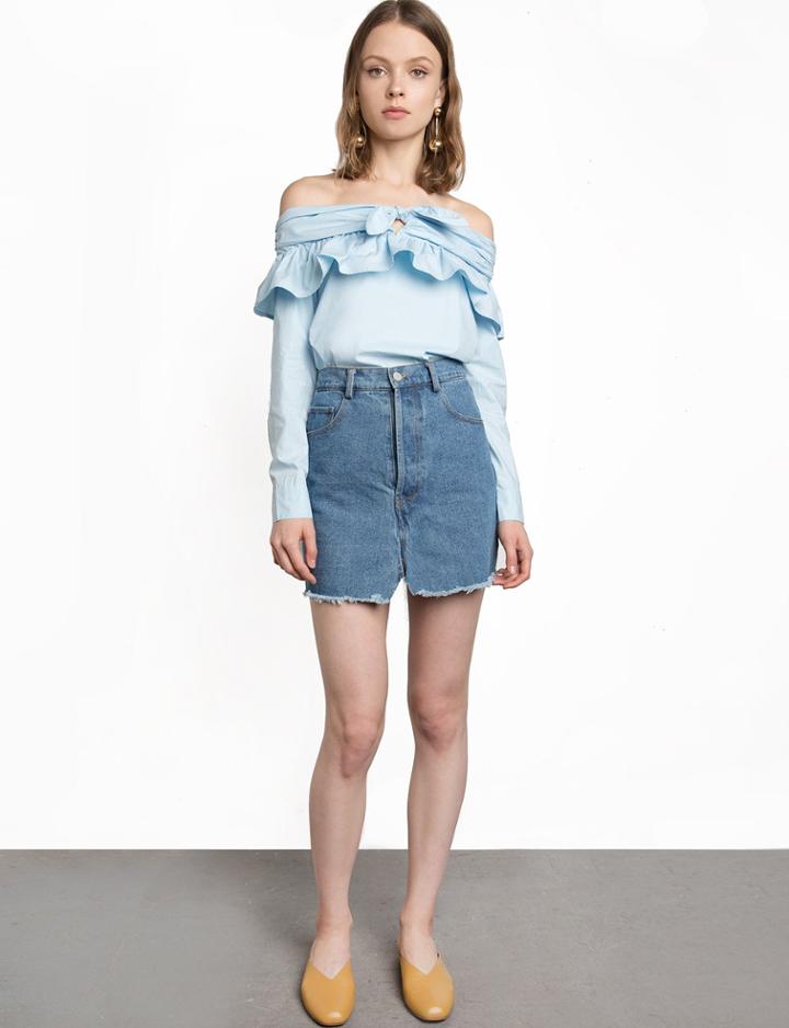 Pixie Market Blue Off The Shoulder Tie Knot Top