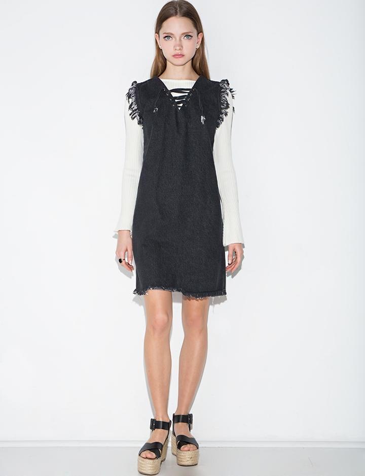 Pixie Market Black Frayed Denim Lace Up Dress