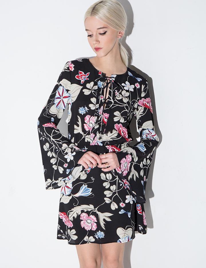 Pixie Market Glamorous Black Floral Bell Sleeve Dress