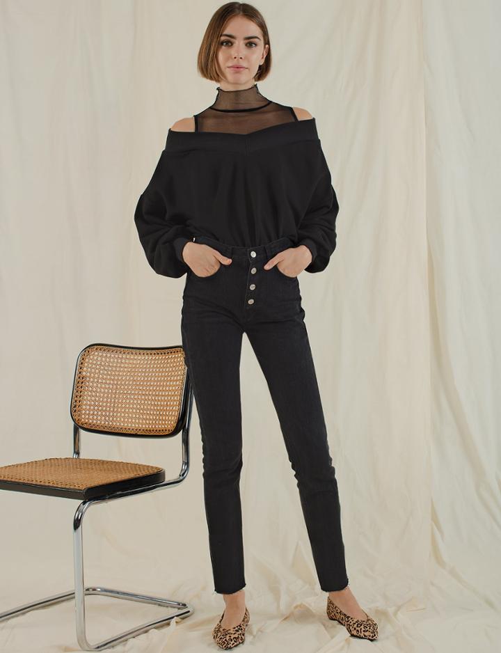 Pixie Market Black Mesh Off The Shoulder Sweatshirt