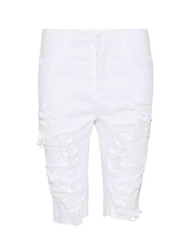 Pixie Market White Ripped Bike Denim Shorts