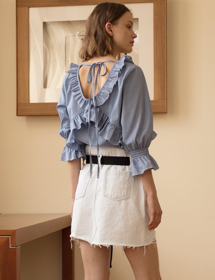 Pixie Market Gingham Ruffled Back Tie Top