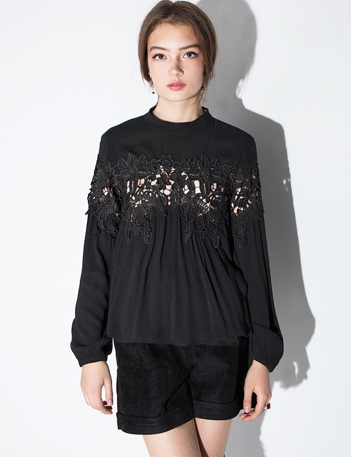 Pixie Market Black Floral Lace Flowy Blouse