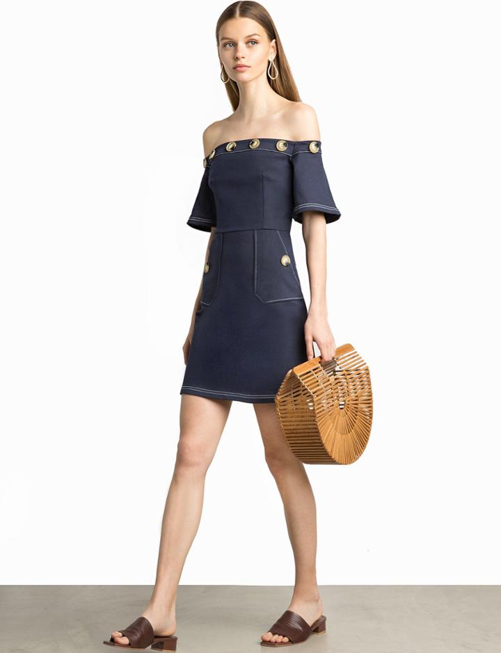 Pixie Market Leah Navy Button Off The Shoulder Dress