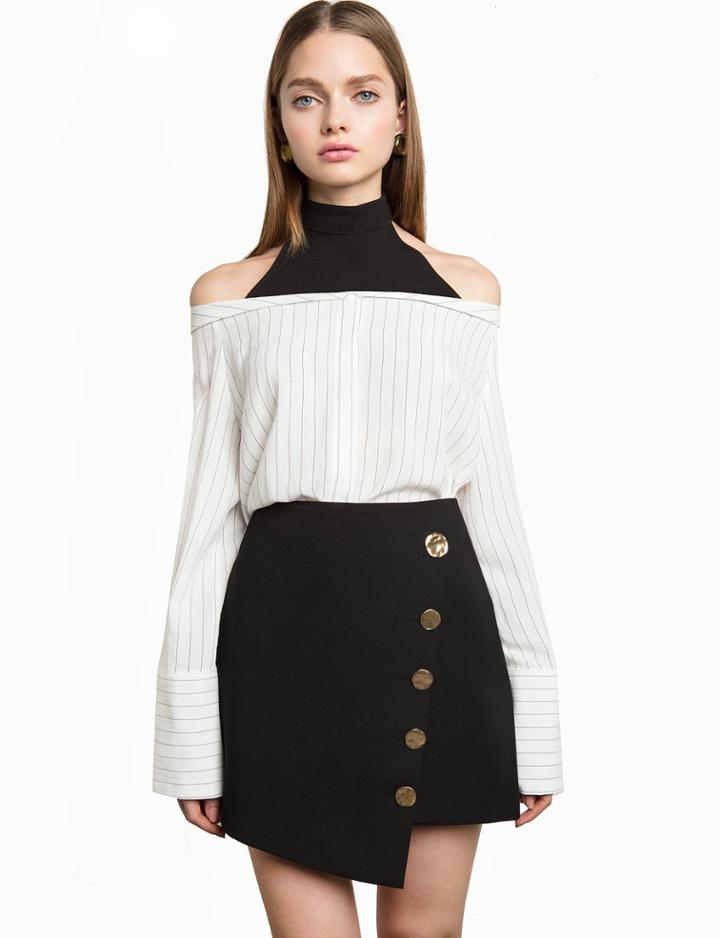 Pixie Market Button Asymmetric Black Mini Skirt