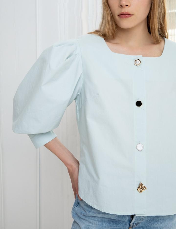 Pixie Market Mint Multi Button Puff Shirt