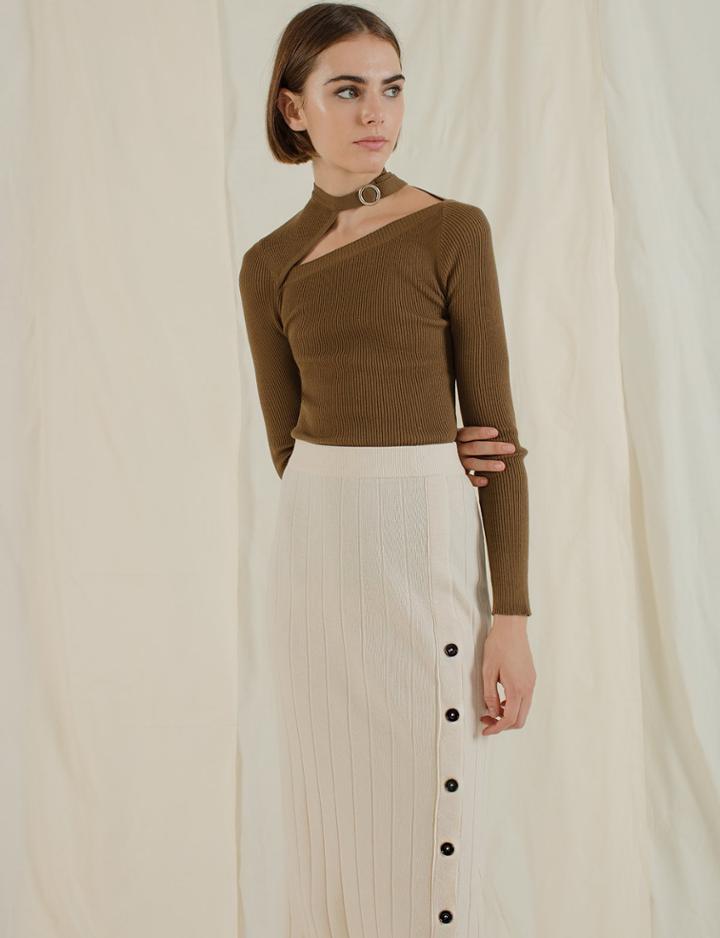 Pixie Market Button Ribbed Knit Midi Skirt