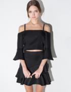 Pixie Market Black Crop Off The Shoulder 3/4 Bell Sleeve Top