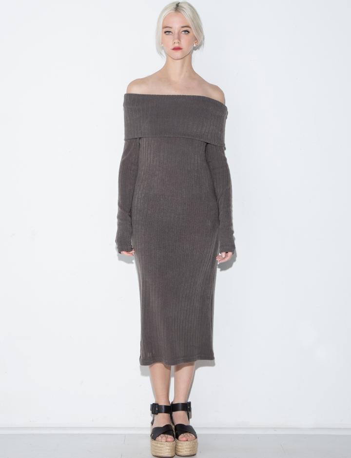 Pixie Market Whitney Grey Ribbed Off The Shoulder Dress