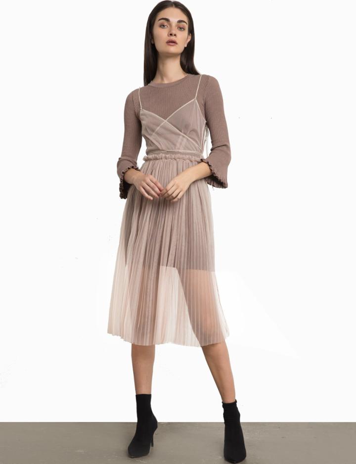 Pixie Market Chloe Taupe Knit Organza Layered Dress