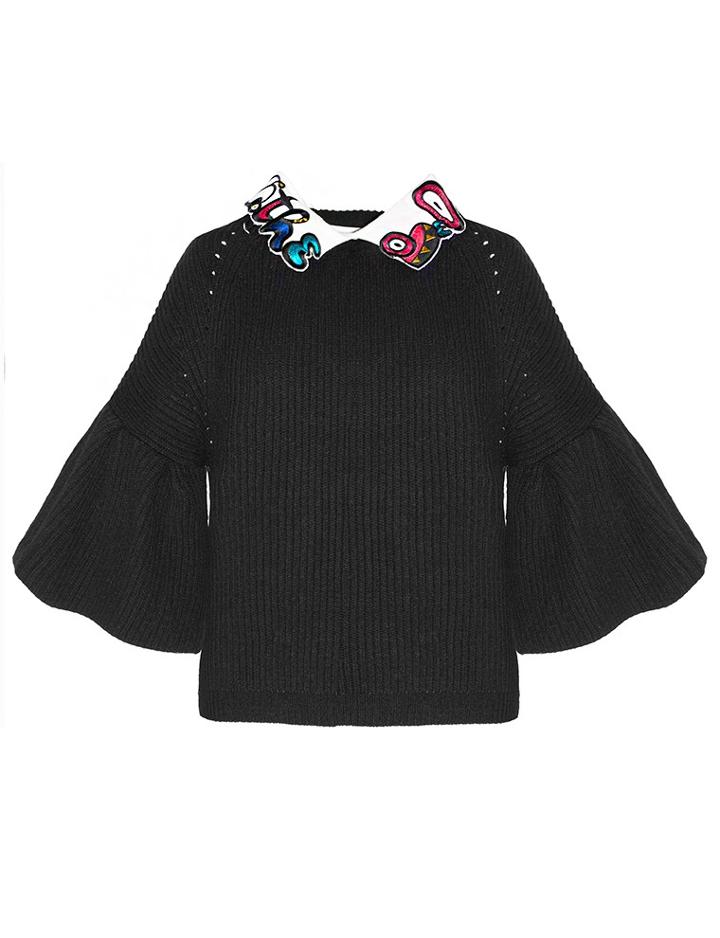 Pixie Market Embroidered Collar Bell Sleeve Sweater