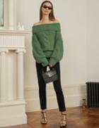 Pixie Market Green Cable Off The Shoulder Sweater