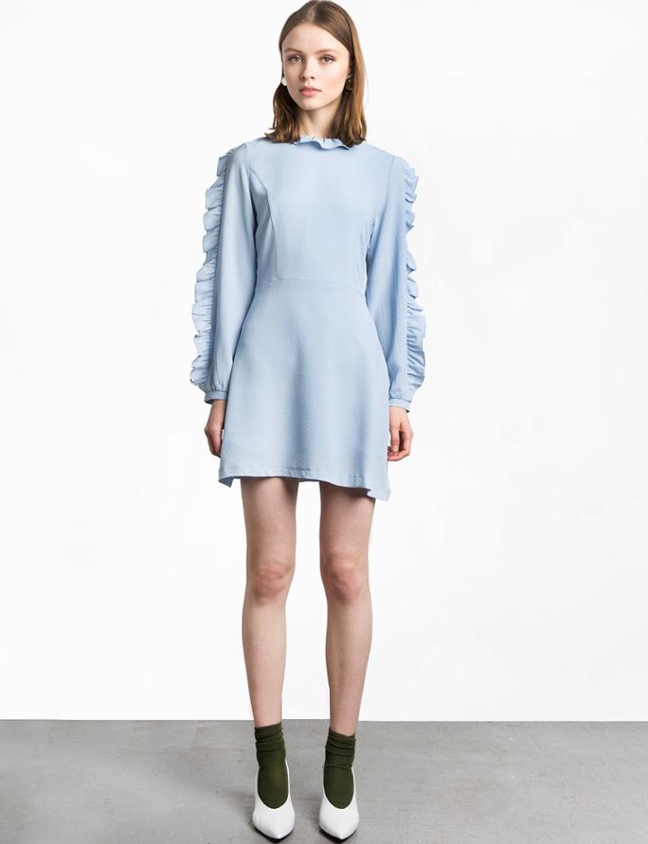 Pixie Market Blue Crepe Ruffle Sleeve Dress