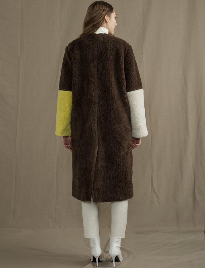 Pixie Market Yellow Color Block Faux Fur Coat
