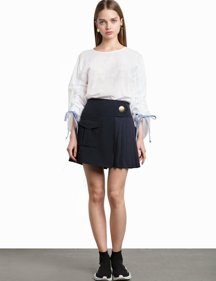 Pixie Market White Cotton Eyelet Ruched Sleeve Tie Top